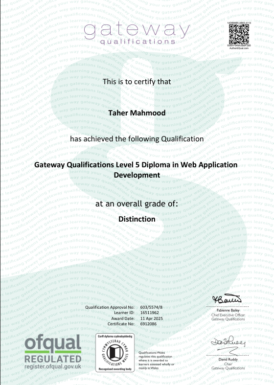 Gateway Qualifications, Level 5 Diploma in Web Application Development